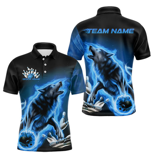 Custom Blue Fire Flaming Wolf Bowling Polo Shirts For Men, Wolf Bowling Tournament Shirt IPHW8429