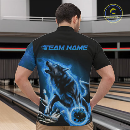 Custom Blue Fire Flaming Wolf Bowling Quarter-Zip Shirts For Men, Wolf Bowling Tournament Shirt IPHW8429