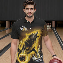 Load image into Gallery viewer, Custom Yellow Fire Flaming Wolf Bowling Polo Shirts For Men, Wolf Bowling Tournament Shirt IPHW8430