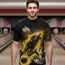 Load image into Gallery viewer, Custom Yellow Fire Flaming Wolf Bowling Quarter-Zip Shirts For Men, Wolf Bowling Tournament Shirt IPHW8430