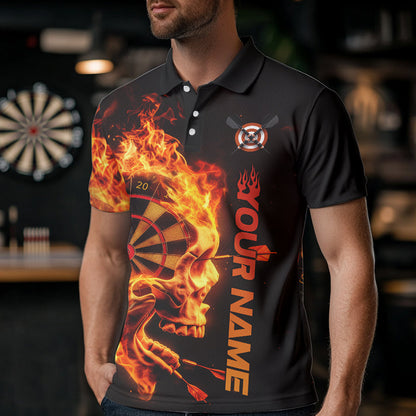 Custom Black And Orange Flame Skull Dart Men Polo Shirts, Halloween Dart Team Outfit IPHW8434