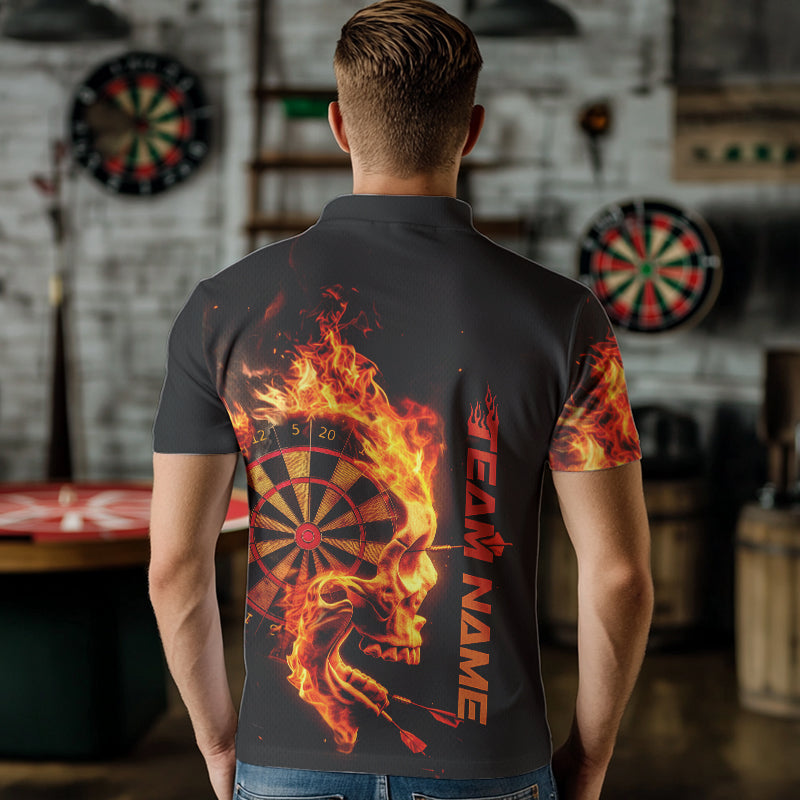 Custom Black And Orange Flame Skull Dart Men Polo Shirts, Halloween Dart Team Outfit IPHW8434