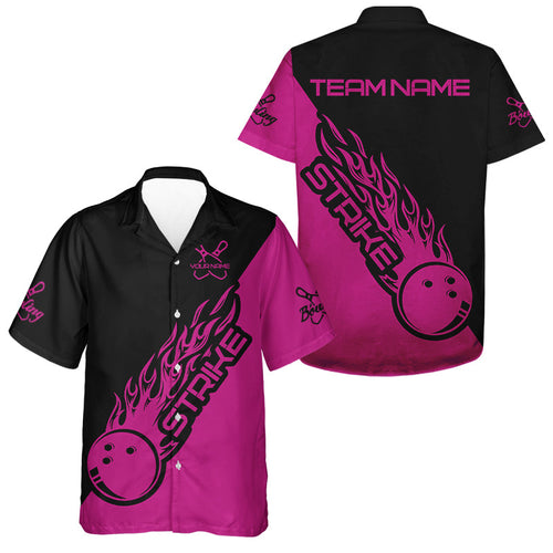 Custom Pink Flame Strike Bowling Men And Women Hawaiian Shirt, Bowling Team Shirts Bowling Strike IPHW4290