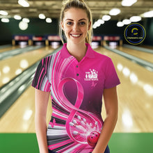 Load image into Gallery viewer, Female model wearing a pink bowling polo with breast cancer awareness ribbon artwork and bowling graphics, front view at the bowling lane