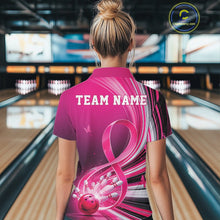 Load image into Gallery viewer, Female model wearing a pink bowling polo with breast cancer awareness ribbon graphics and bowling artwork, back view