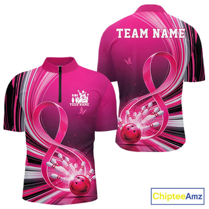 Front and back mockup of a mens pink bowling quarter zip featuring breast cancer awareness ribbon artwork and bowling graphics