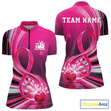 Load image into Gallery viewer, Front and back mockup of a womens pink bowling quarter zip featuring breast cancer awareness ribbon artwork and bowling graphics