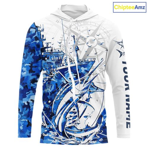Custom Blue Camo Saltwater Sailfish Long Sleeve Hooded Fishing Shirts, Offshore Fishing Shirt IPHW9168