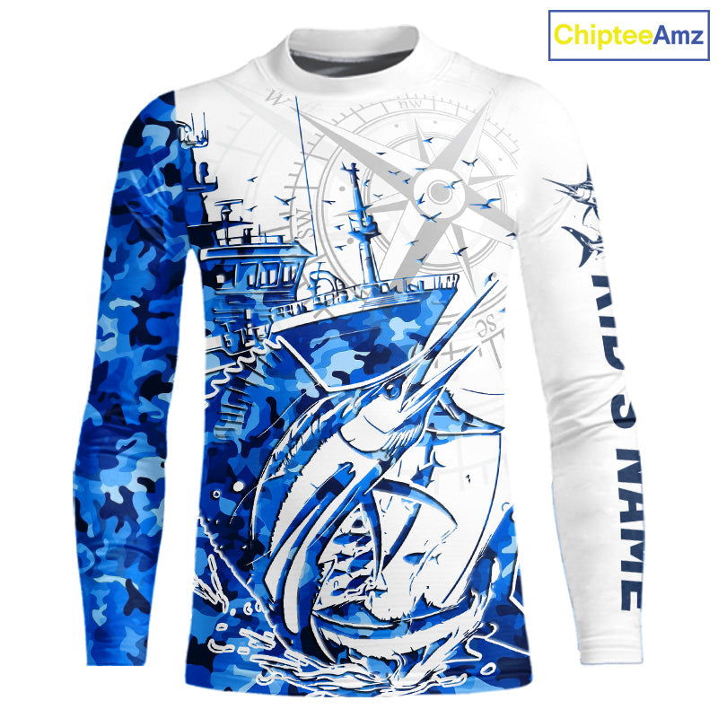 Custom Blue Camo Saltwater Sailfish Kid Long Sleeve Fishing Shirts, Offshore Fishing Shirt IPHW9168