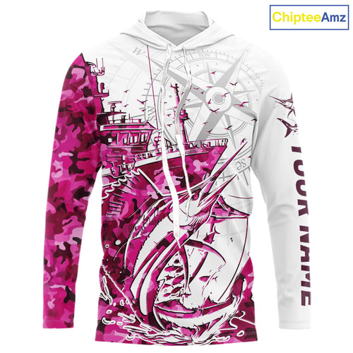 Custom Pink Camo Saltwater Sailfish Long Sleeve Hooded Fishing Shirts, Offshore Fishing Shirt IPHW9169