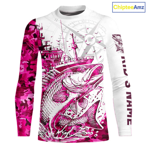 Custom Pink Camo Saltwater Redfish Kid Long Sleeve Fishing Shirts, Offshore Fishing Shirt IPHW9171
