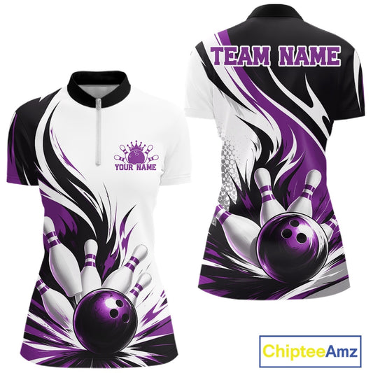 Front and back view of a women's bowling quarter zip mockup featuring a flaming bowling ball striking pins design on a white, black, and purple shirt.