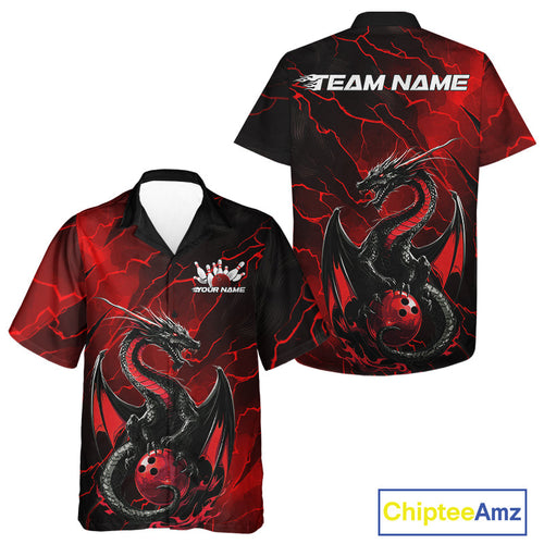 Custom Red Lightning Dragon Bowling Hawaiian Shirt For Men And Women, Dragon Bowling Team Jersey IPHW9901