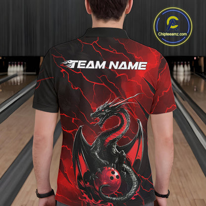 Custom Red Lightning Dragon Bowling Polo Shirt For Men, Dragon Bowling Team Jersey IPHW9901