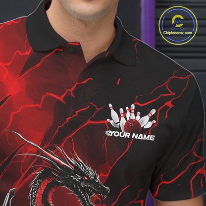 Custom Red Lightning Dragon Bowling Polo Shirt For Men, Dragon Bowling Team Jersey IPHW9901