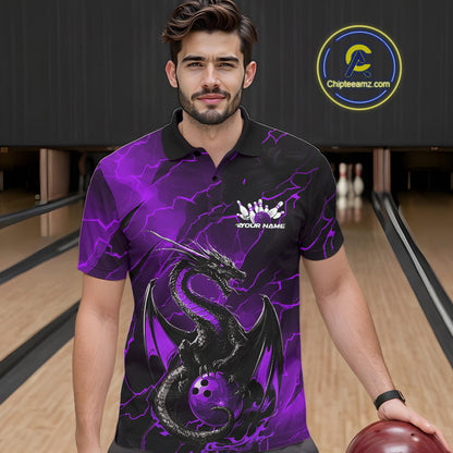Custom Purple Lightning Dragon Bowling Polo Shirt For Men, Dragon Bowling Team Jersey IPHW9902