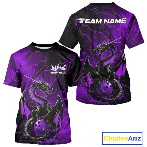 Custom Purple Lightning Dragon Bowling T-Shirts For Men, Dragon Bowling Team Jersey IPHW9902