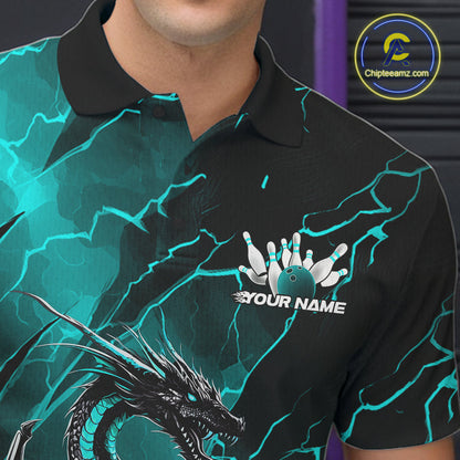 Custom Blue Lightning Dragon Bowling Polo Shirt For Men, Dragon Bowling Team Jersey IPHW9903