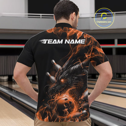 Custom Black And Orange Flame Dragon Bowling Men Quarter-Zip Shirt, Dragon Bowling League Shirt IPHW10275