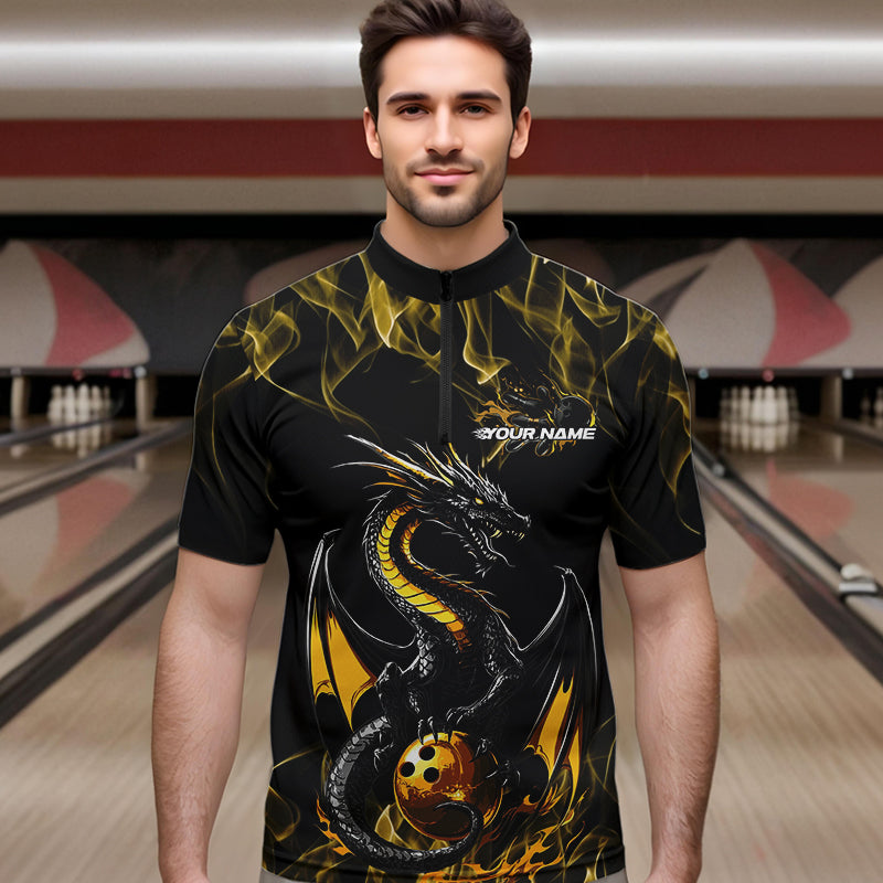 Custom Black And Gold Flame Dragon Bowling Team Quarter-Zip Shirts For Men, Bowling League Shirt IPHW8653
