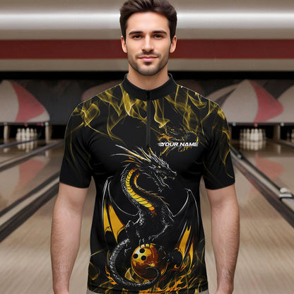 Custom Black And Gold Flame Dragon Bowling Team Quarter-Zip Shirts For Men, Bowling League Shirt IPHW8653
