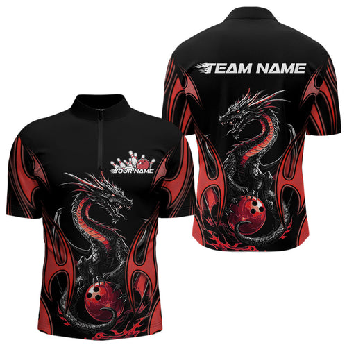 Custom Black And Red Flame Dragon Bowling Tournament Quarter-Zip Shirts For Men, Bowlers Outfits IPHW8656