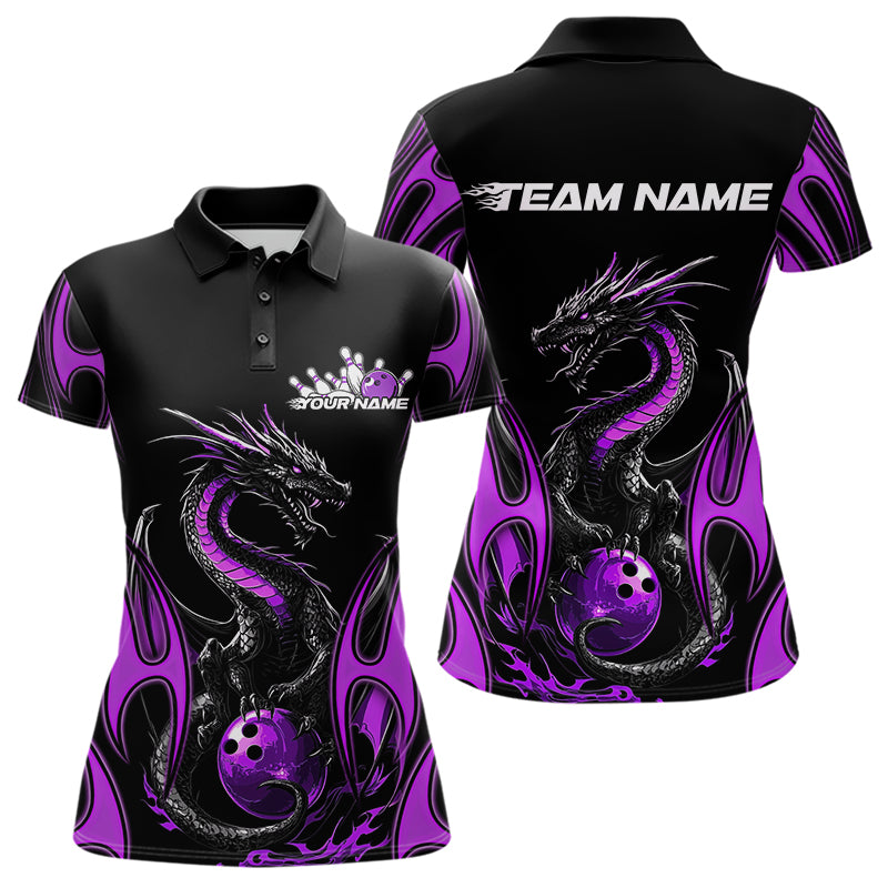 Custom Black And Purple Flame Dragon Bowling Tournament Womens Polo Shirts, Bowlers Outfits IPHW8657