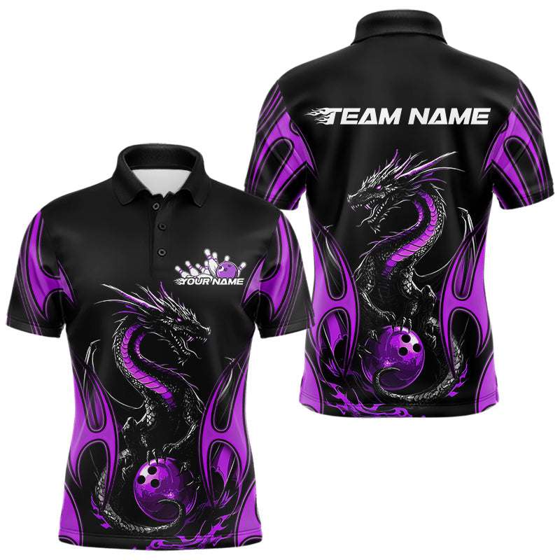 Custom Black And Purple Flame Dragon Bowling Tournament Polo Shirts For Men, Bowlers Outfits IPHW8657