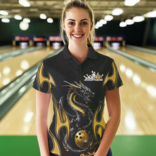 Load image into Gallery viewer, Custom Black And Gold Flame Dragon Bowling Tournament Womens Polo Shirts, Bowlers Outfits IPHW8658