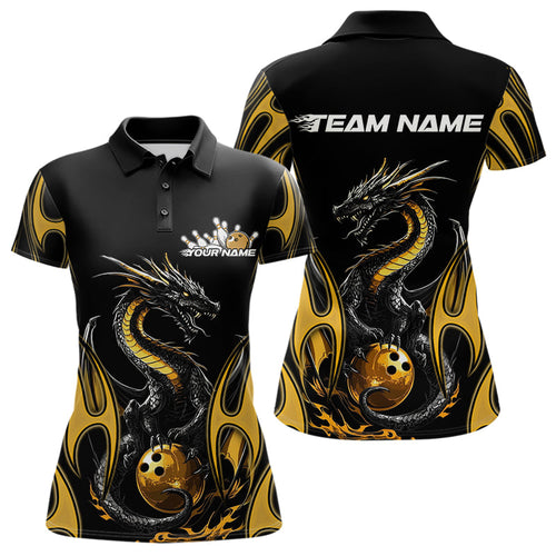 Custom Black And Gold Flame Dragon Bowling Tournament Womens Polo Shirts, Bowlers Outfits IPHW8658