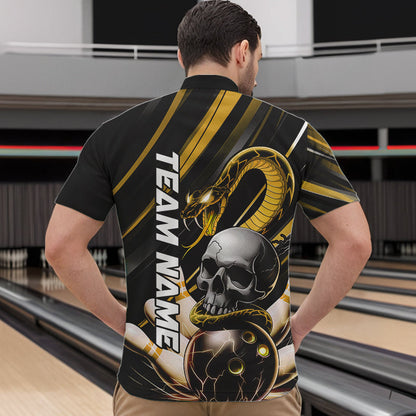Custom Black And Yellow Snake Skull Bowling Quarter-Zip Shirts For Men, Bowling Team Shirt IPHW8671