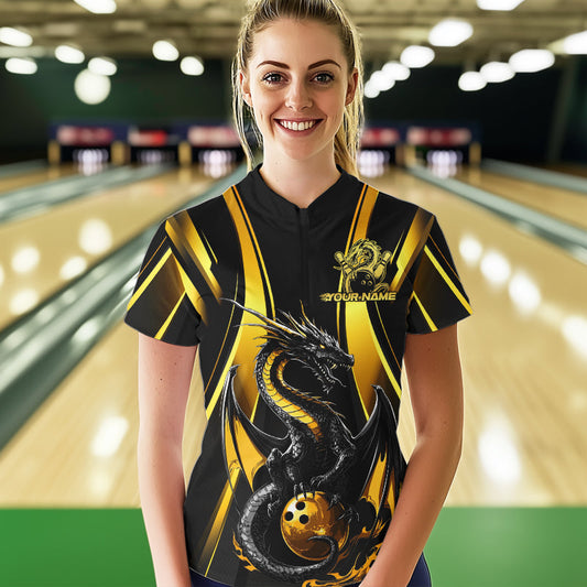 Custom Yellow Dragon Bowling Jerseys, Dragon Bowling Women Quarter-Zip Bowling League Shirt IPHW8927