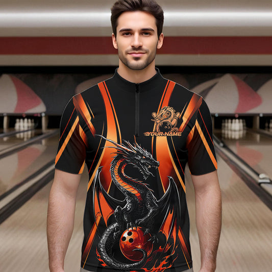 Custom Orange Dragon Bowling Jerseys, Dragon Bowling Men Quarter-Zip Shirts Bowling League Shirt IPHW8929
