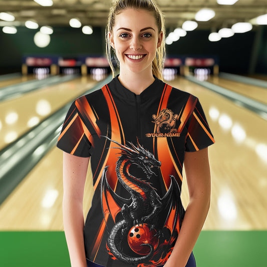 Custom Orange Dragon Bowling Jerseys, Dragon Bowling Women Quarter-Zip Bowling League Shirt IPHW8929