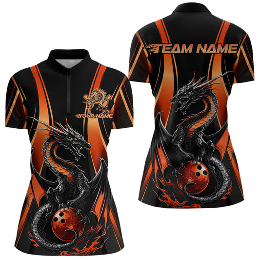 Custom Orange Dragon Bowling Jerseys, Dragon Bowling Women Quarter-Zip Bowling League Shirt IPHW8929