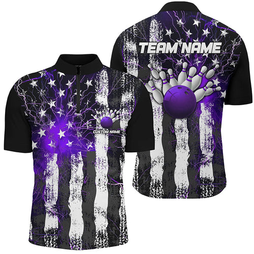 Purple Thunder Lightning American Flag Custom Unisex Bowling Team Shirts, Patriotic Bowlers Outfit IPHW6492