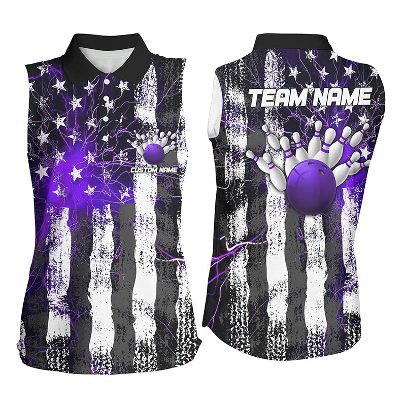 Custom Purple Patriotic Bowling Shirts For Women, Purple Lightning American Flag Female Shirt IPHW6492