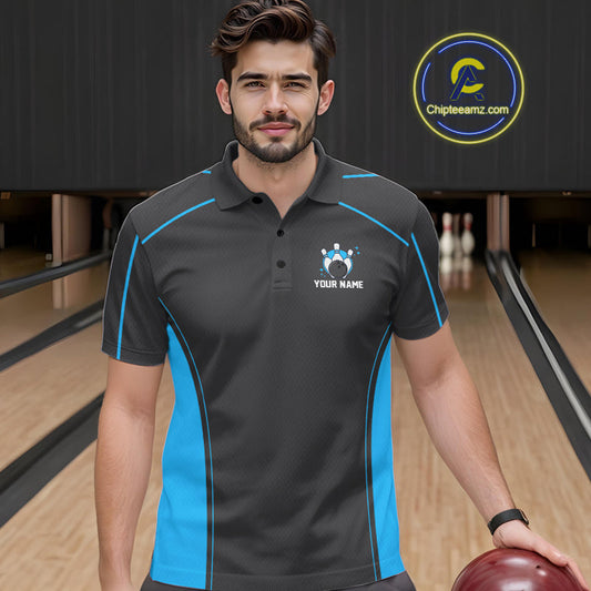 Custom Black And Ball Blue Classic Bowling Team Polo Shirt For Men, Bowling League Shirt IPHW9911