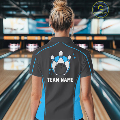 Custom Black And Ball Blue Classic Bowling Team Women Polo Shirt, Bowling League Shirt IPHW9911