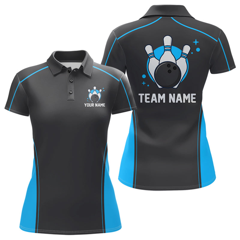 Custom Black And Ball Blue Classic Bowling Team Women Polo Shirt, Bowling League Shirt IPHW9911