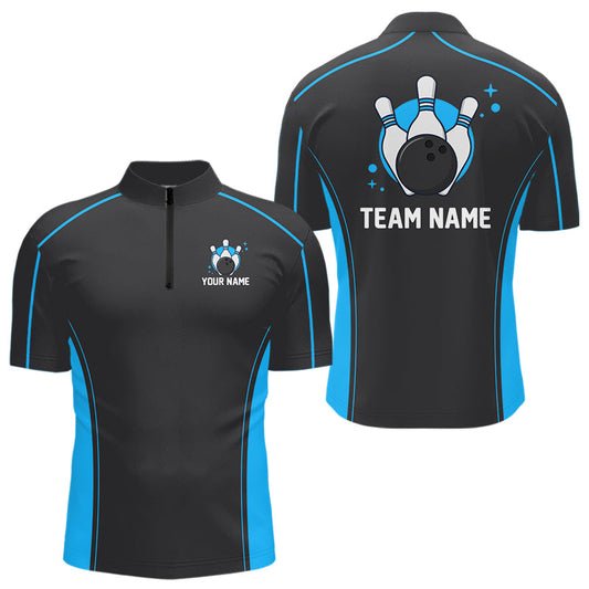 Custom Black And Ball Blue Classic Bowling Team Quarter-Zip Shirt For Men, Bowling League Shirt IPHW9911