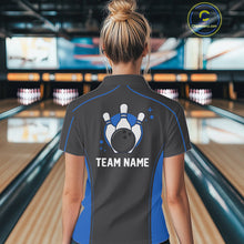 Load image into Gallery viewer, Custom Black And Mid Blue Classic Bowling Team Polo Shirt For Women, Bowling League Shirt IPHW9912
