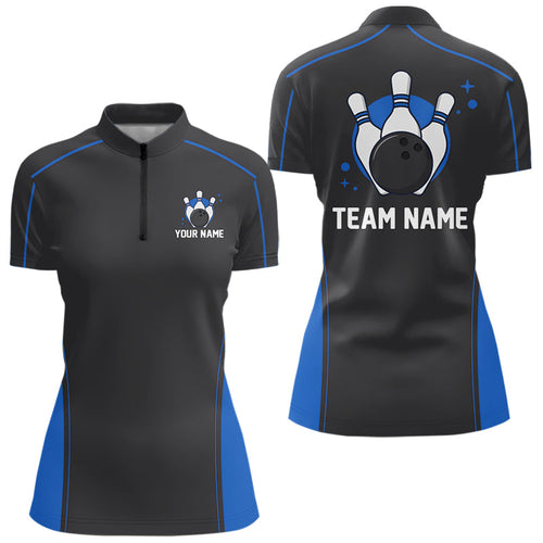 Custom Black And Mid Blue Classic Bowling Women Quarter-Zip Shirt, Bowling League Shirt IPHW9912