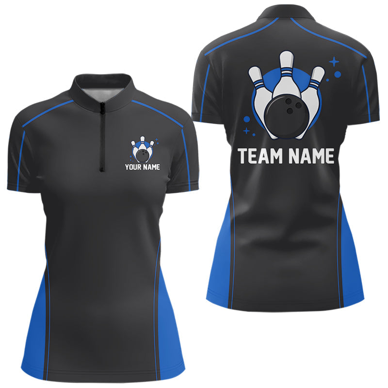 Custom Black And Mid Blue Classic Bowling Women Quarter-Zip Shirt, Bowling League Shirt IPHW9912