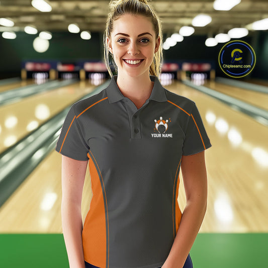 Custom Black And Orange Classic Bowling Team Polo Shirt For Women, Bowling League Shirt IPHW9913