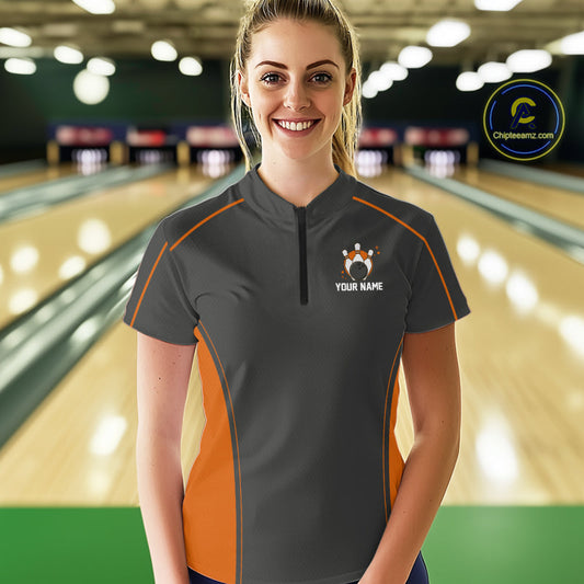 Custom Black And Orange Classic Bowling Women Quarter-Zip Shirt, Bowling League Shirt IPHW9913