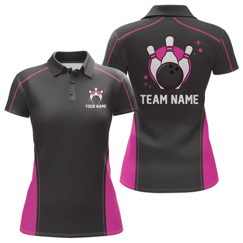 Custom Black And Pink Classic Bowling Team Polo Shirt For Women, Bowling League Shirt IPHW9915
