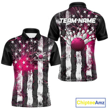 Load image into Gallery viewer, Pink Lightning US Flag Custom Bowling Team Jerseys, Patriotic Bowling Polo Shirt For Men IPHW9916