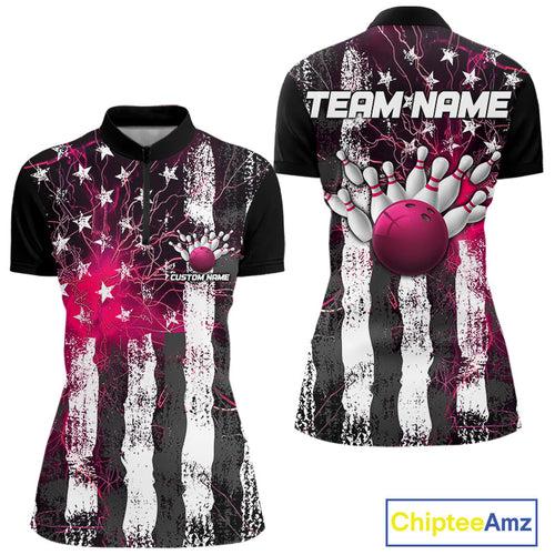 Pink Lightning US Flag Custom Bowling Jerseys, Patriotic Bowling Women Quarter-Zip Shirt IPHW9916