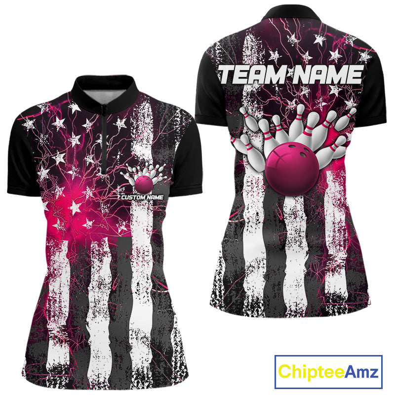 Pink Lightning US Flag Custom Bowling Jerseys, Patriotic Bowling Women Quarter-Zip Shirt IPHW9916
